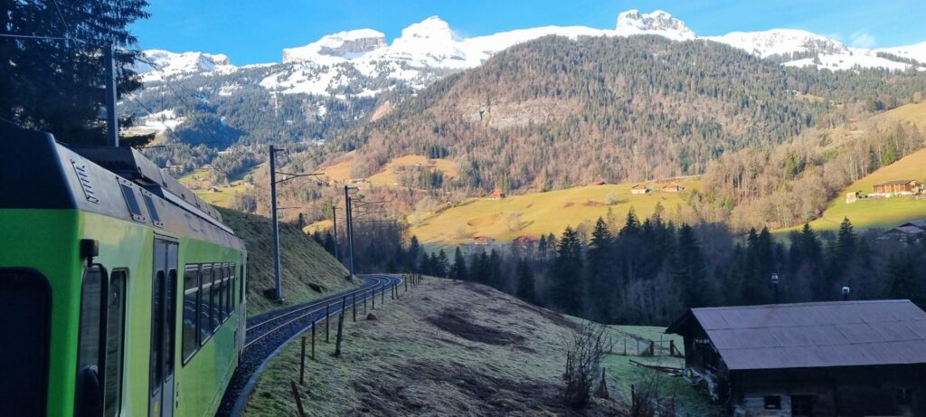 Rechts neben dem Gleis am Hang eine "Almhütte" wie Städter sagen würden, in der Ferne auf der anderen Talseite wieder schneebedeckte Bergspitzen