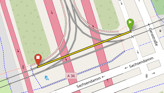 OpenStreetMap-Kartenausschnitt des Gleisdreiecks Sachsendamm